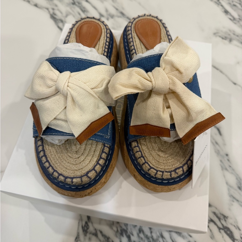 Zimmerman brand new Blue and Cream Espadrille Sandals with Bow, size 39.